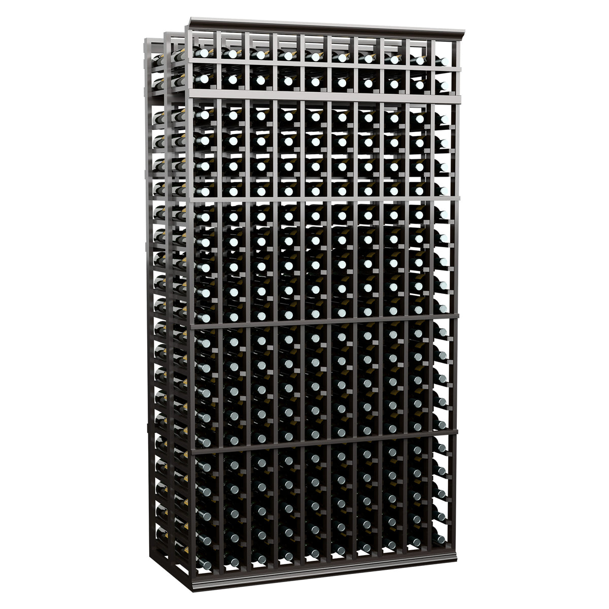Double deep wine bottle rack with 10 columns, gray-brown frame and bottle slots, front view