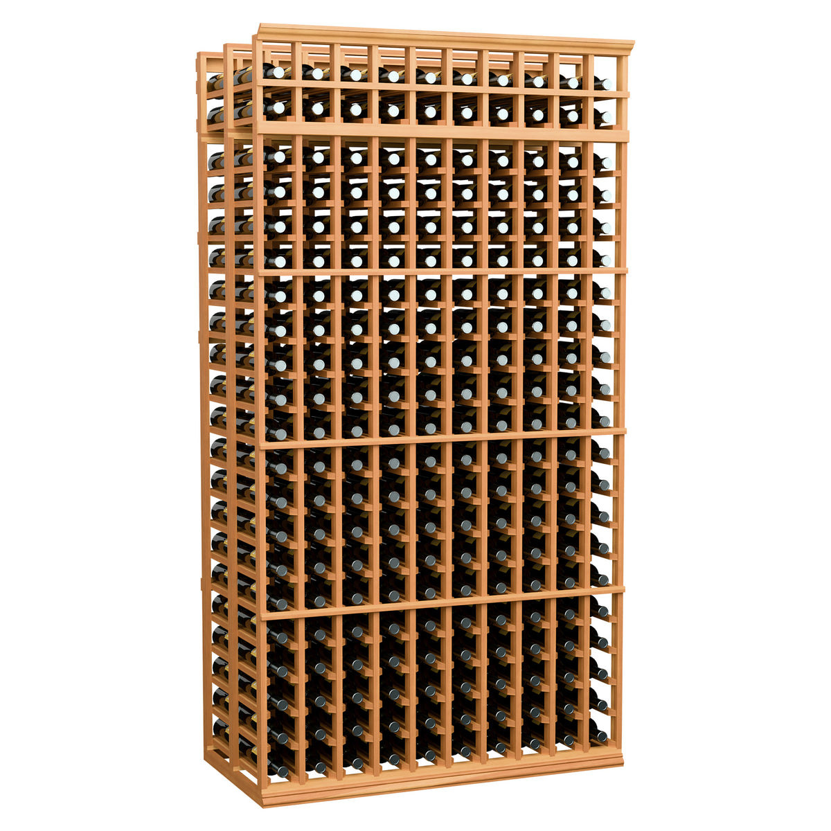 Warm red wood wine bottle rack, 10 columns, double-deep, 7 ft, with bottle slots