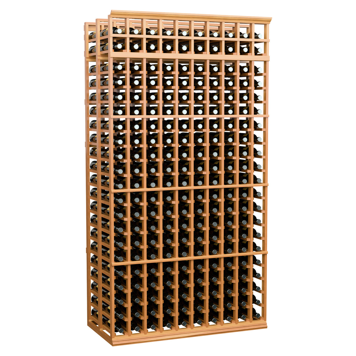 Warm red wood wine bottle rack, 10 columns, double-deep, 7 ft, black framed bottle slots
