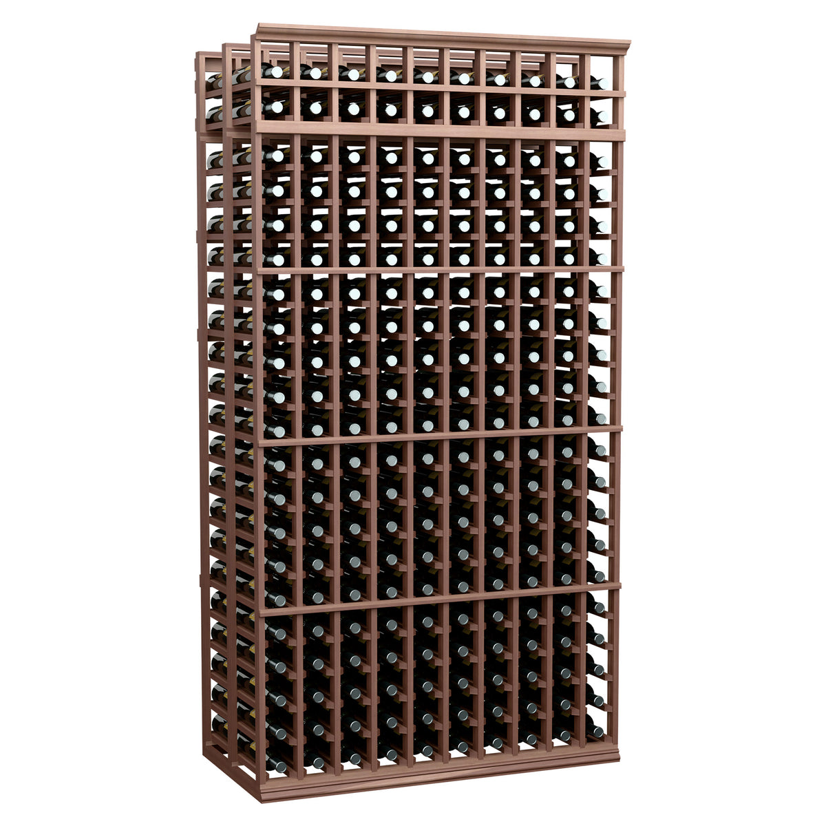 Dark brown wine bottle rack, 10 columns, double-deep, 7 ft, with black bottle holders