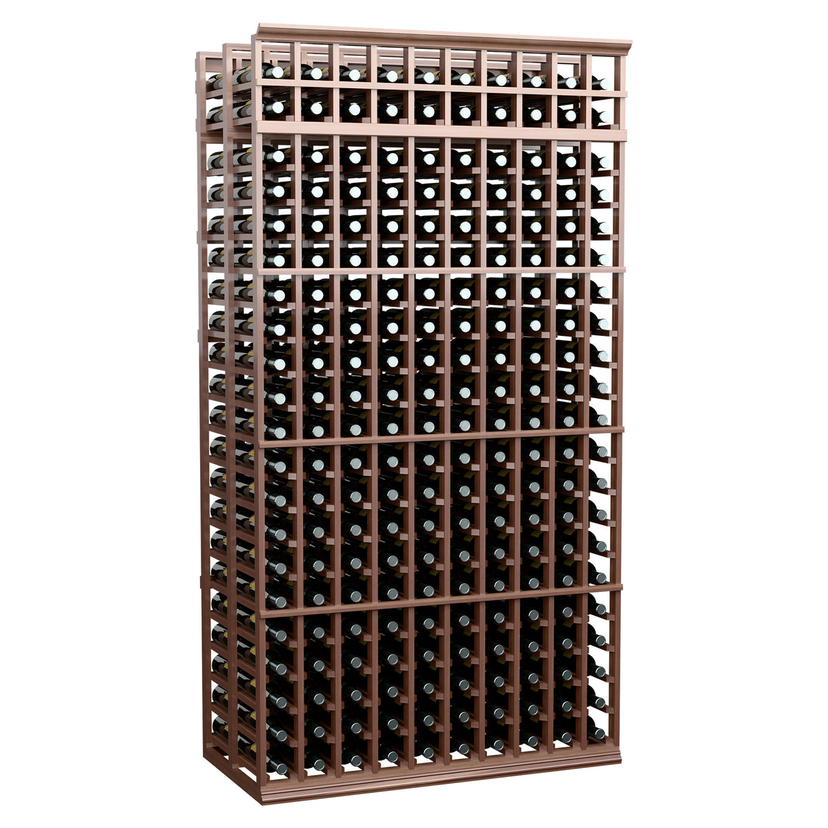 Dark brown wine bottle rack, 10 columns, double-deep, 7 ft, front bottle slot grid