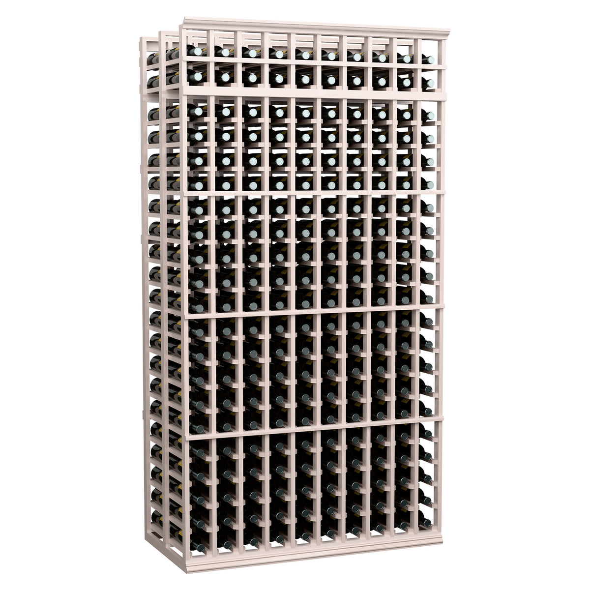 Grey-stained wine bottle rack, 10 columns, double-deep, 7 ft, bottle slot grid