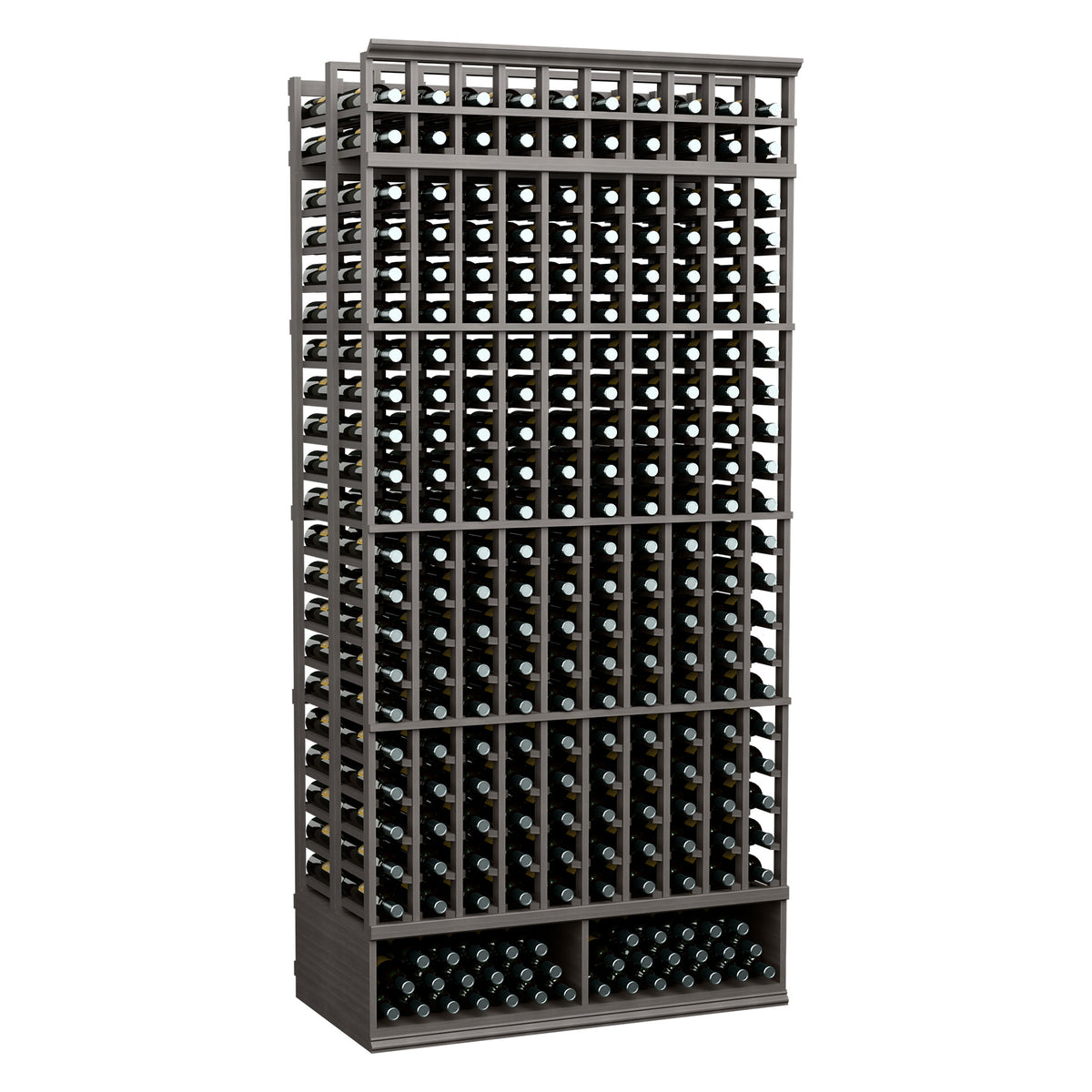 10-column double deep wine rack with dark frame and clear bottle slots
