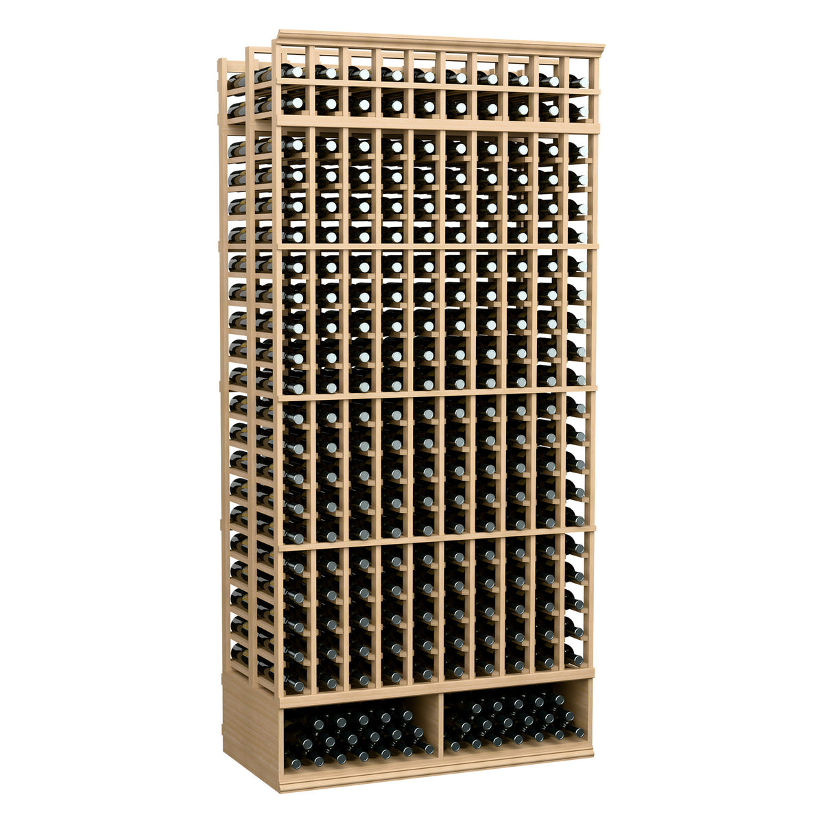 10-column double deep wine rack with light wood frame and bottle-holder grid