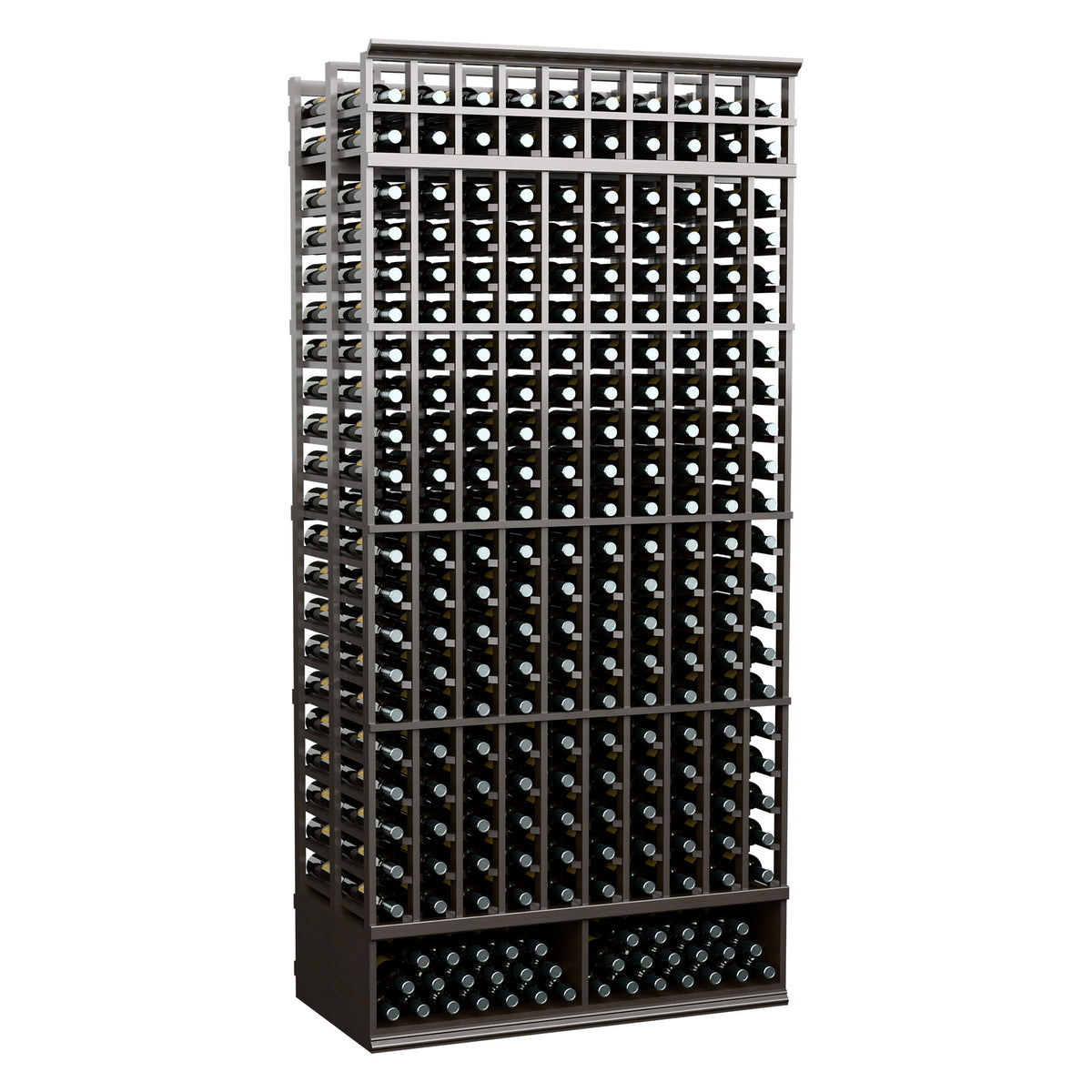 10-column double deep wine rack with dark gray frame and front bottle holder grid