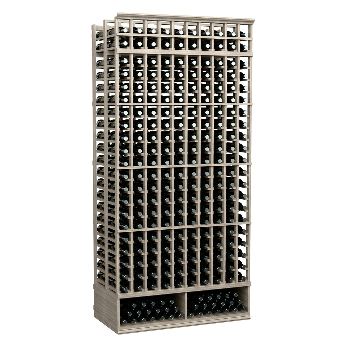 10-column, 8-ft double-deep wine bottle rack with dark bottles and light frame