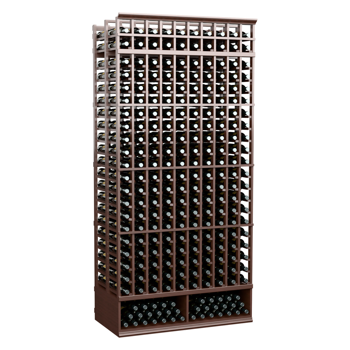 10-column, 8-ft double-deep wine rack with dark bottles, dark brown wooden lattice