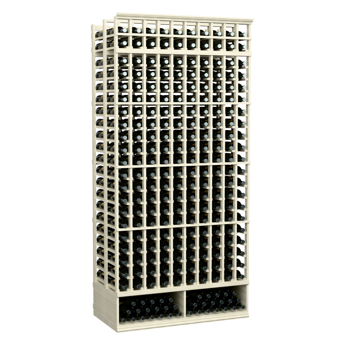 10-column, 8-ft double-deep wine bottle rack with dark bottles and whitewashed frame