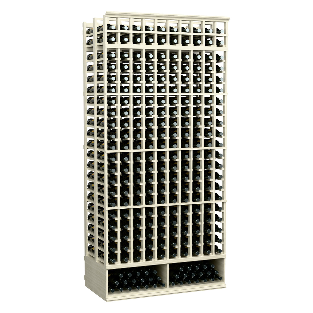 10-column, 8-ft double-deep wine rack with rows of dark bottles, white wood frame