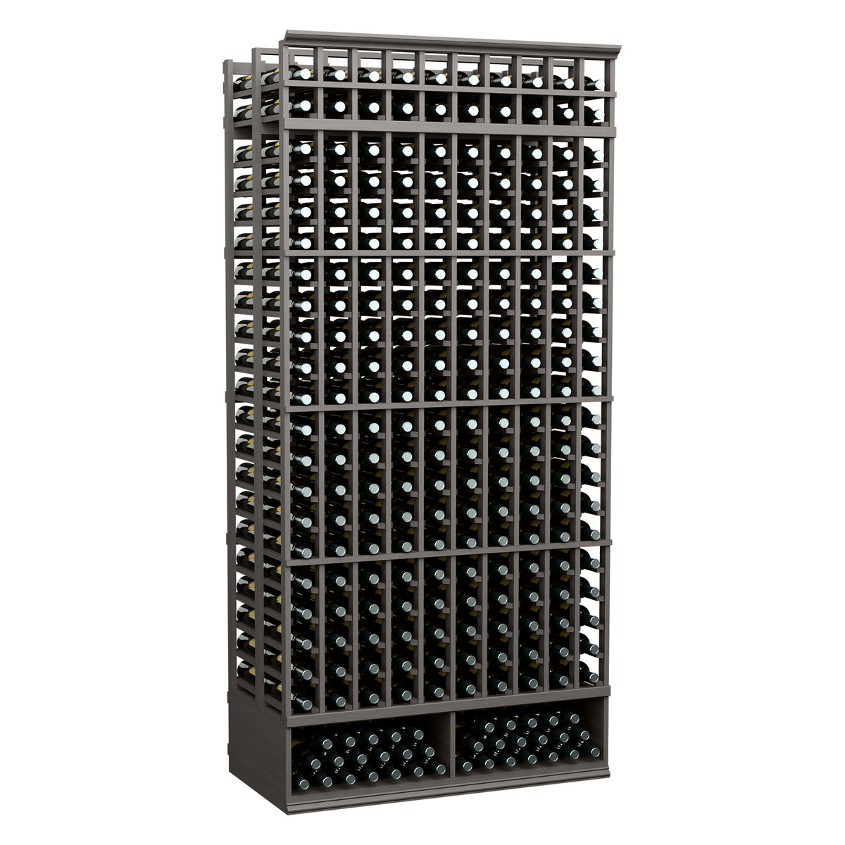 10-column double-deep wine storage rack in dark finish, bottle grid and front base