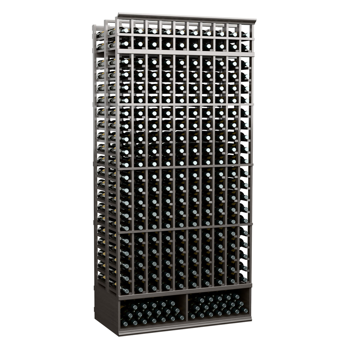 10-column double-deep wine storage rack with dark metal frame and bottle grid front