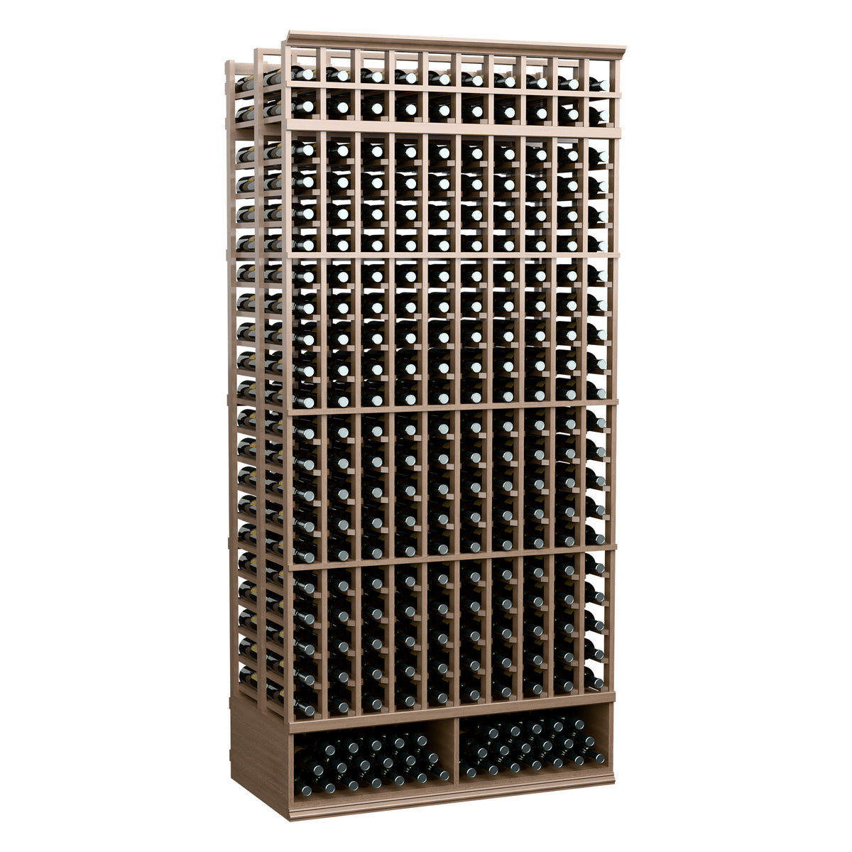10-column double-deep wine storage rack with tan-brown frame, bottle grid and base