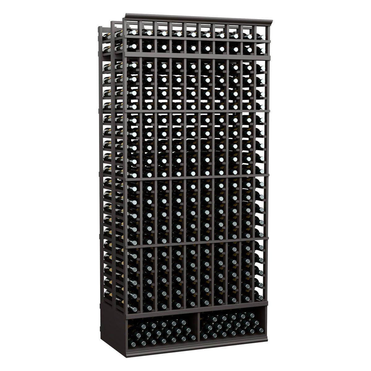 10-column double-deep wine storage rack in dark finish, bottle grid with front rails
