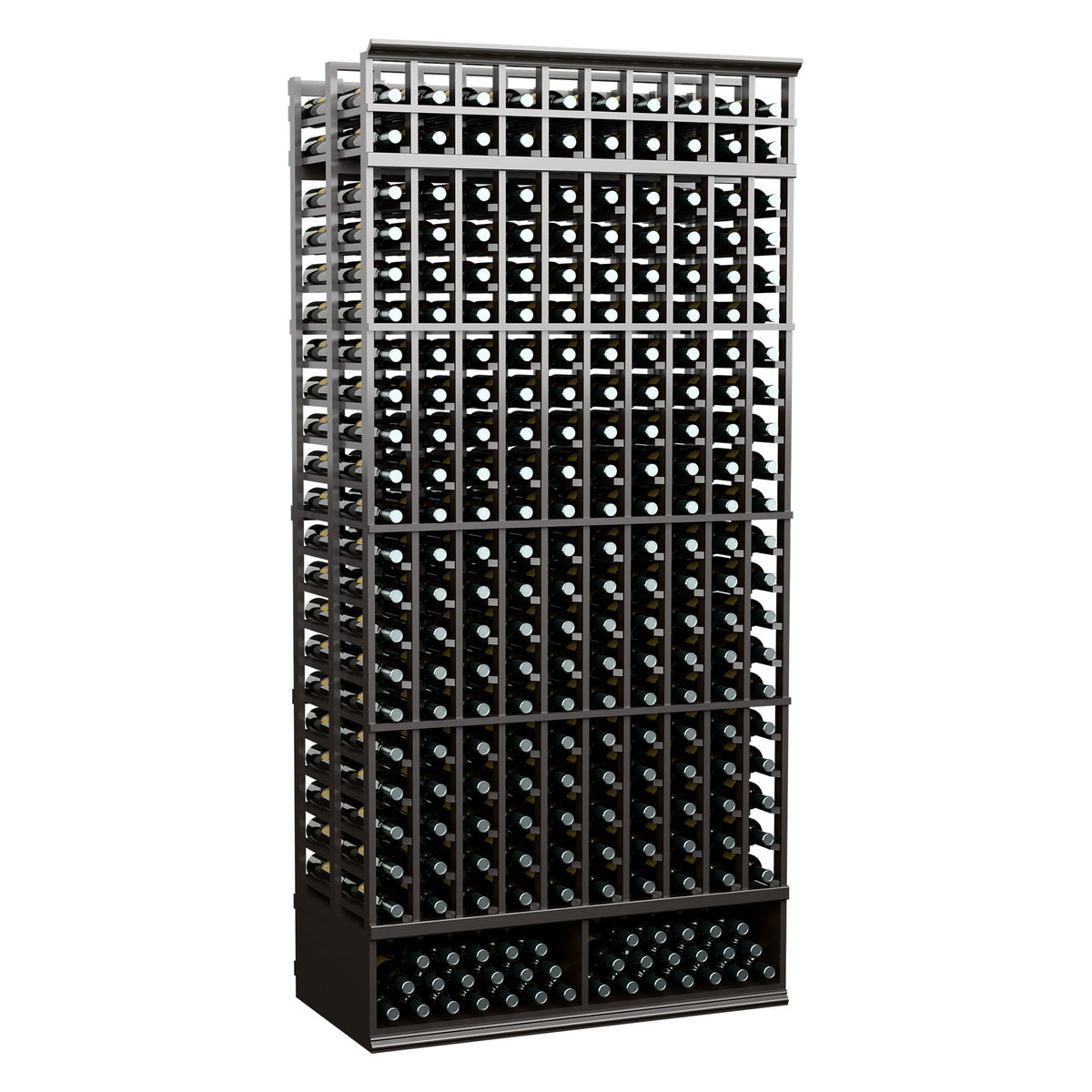 10-column double-deep wine storage rack with dark metal supports and bottle storage grid