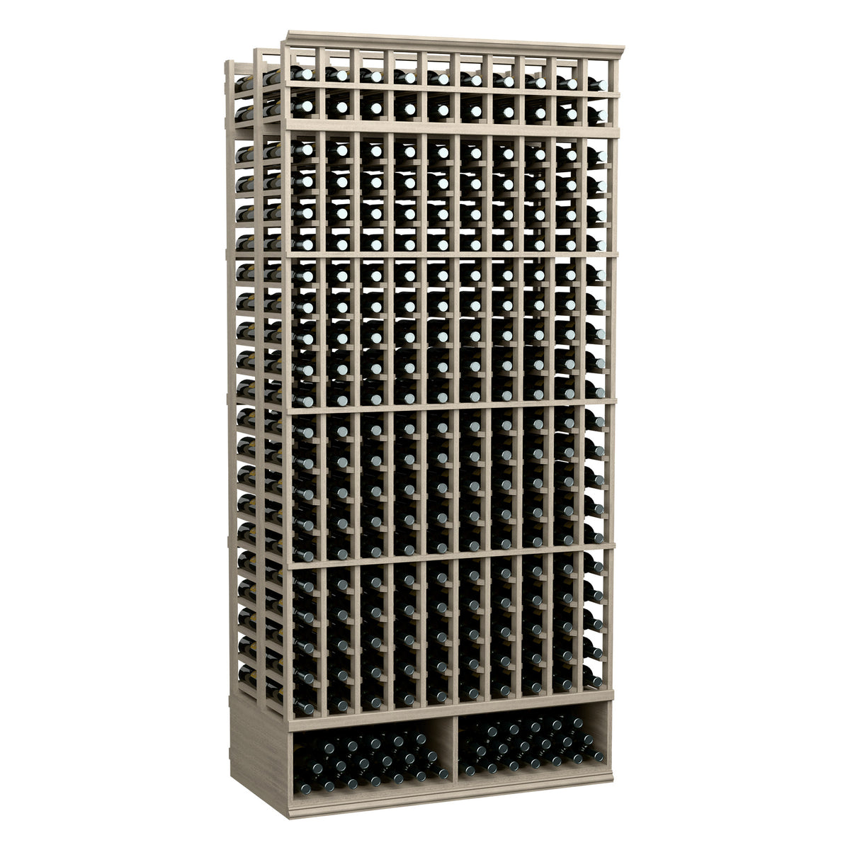 Wine bottle storage rack with 2-side grid and front rows of bottle openings, dark frame