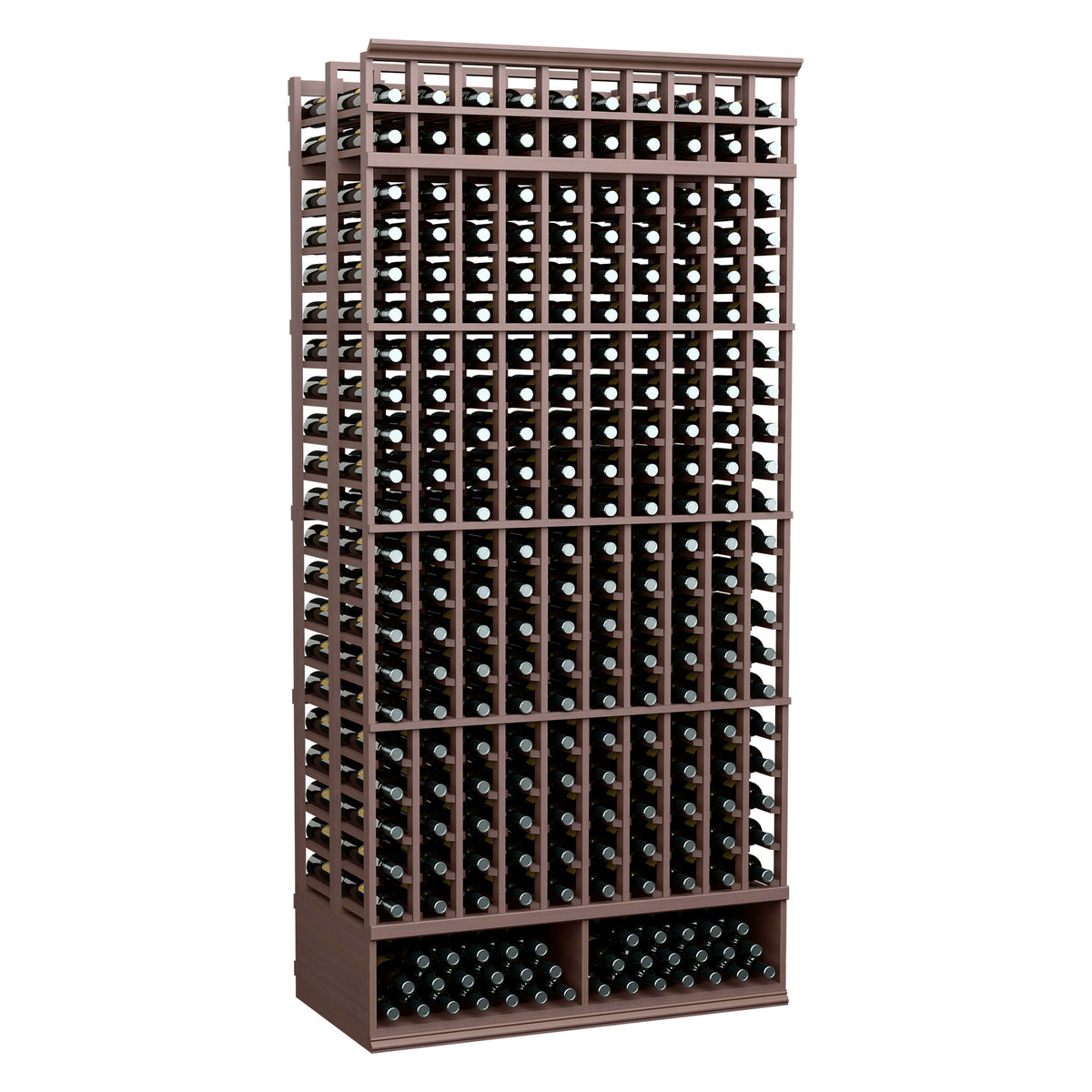 Wine bottle storage rack with 2-side grid and front rows of bottle openings, walnut-brown frame