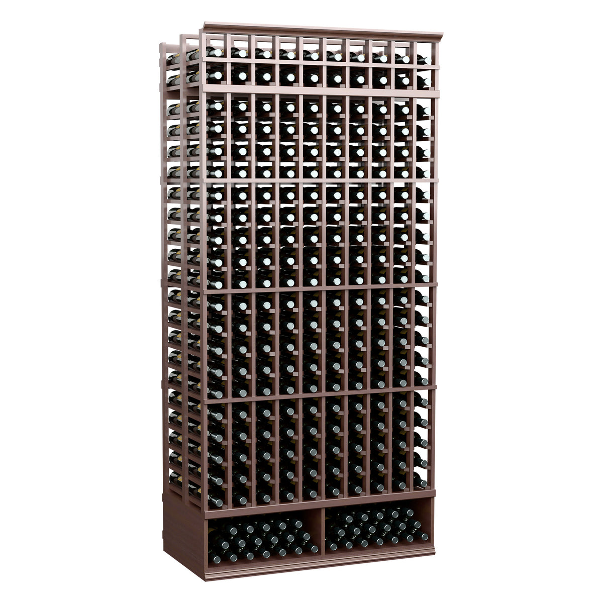 Wine bottle storage rack with 2-side grid and front rows of bottle openings, espresso-brown frame