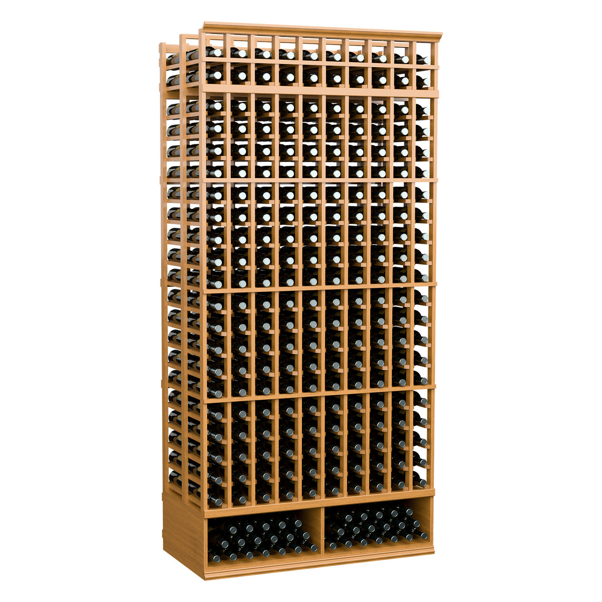 Wine bottle storage rack with 2-side grid and front rows of bottle openings, medium wood frame