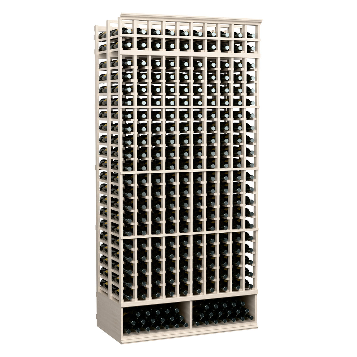 Wine bottle storage rack with 2-side grid and front rows of bottle openings, light gray frame