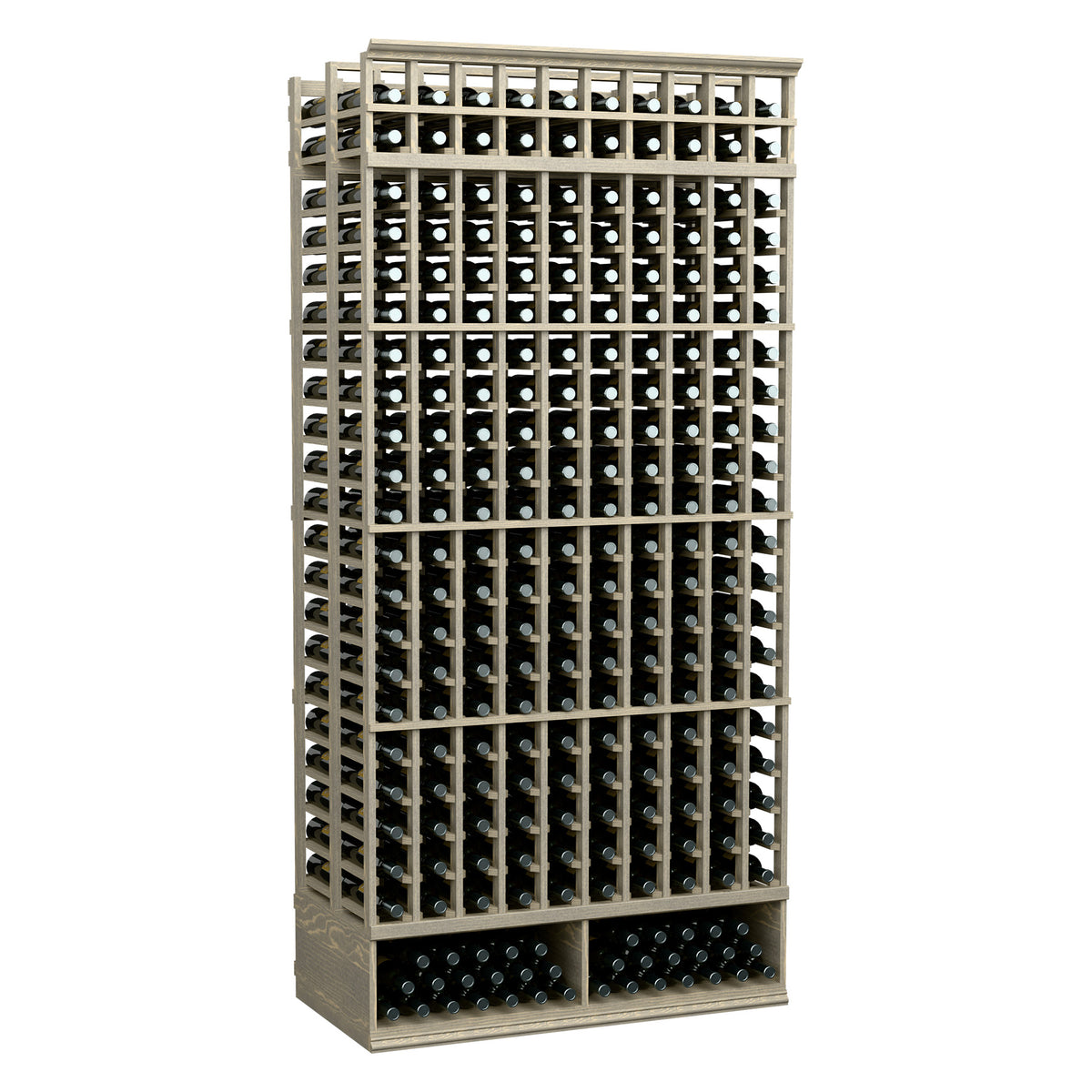 10-column double-deep wine rack with light wood frame and dark bottle storage