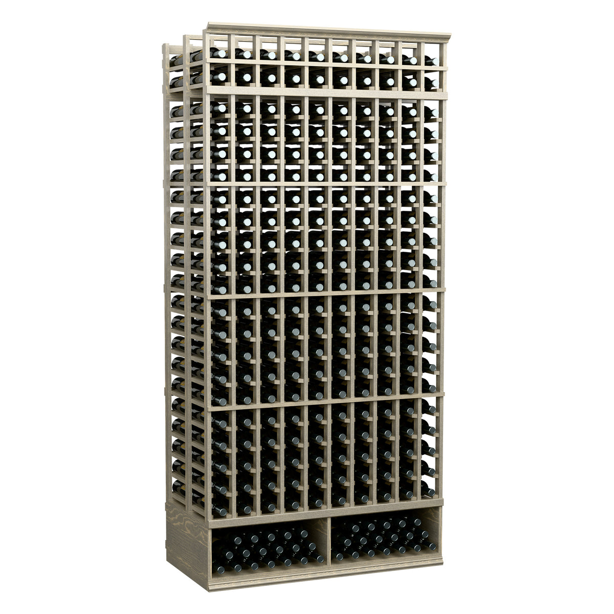 10-column double-deep wine rack front view with light wood frame and dark compartments