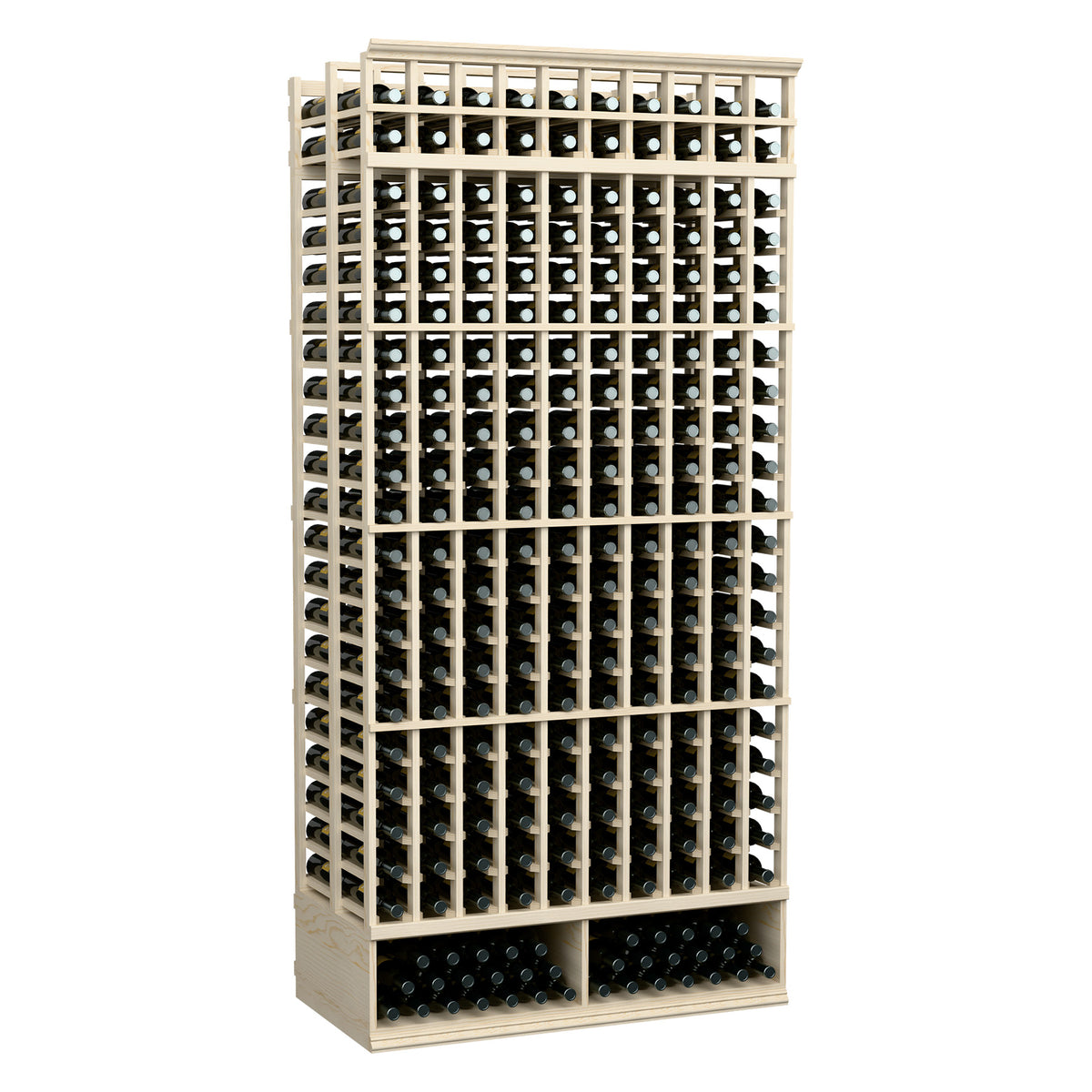 10-column double-deep wine rack with pale frame and evenly spaced bottle holes