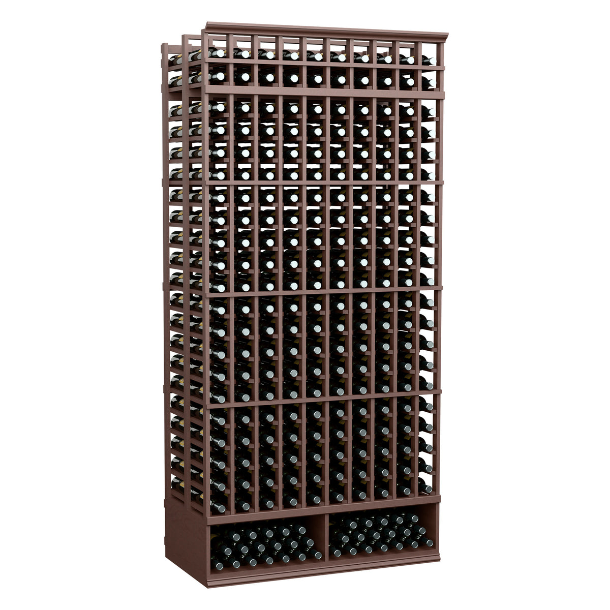 10-column double-deep wine rack with dark wood frame and bottle storage holes