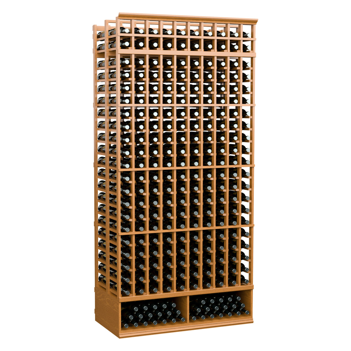 10-column double-deep wine rack front view with light brown wood frame and bottle rows