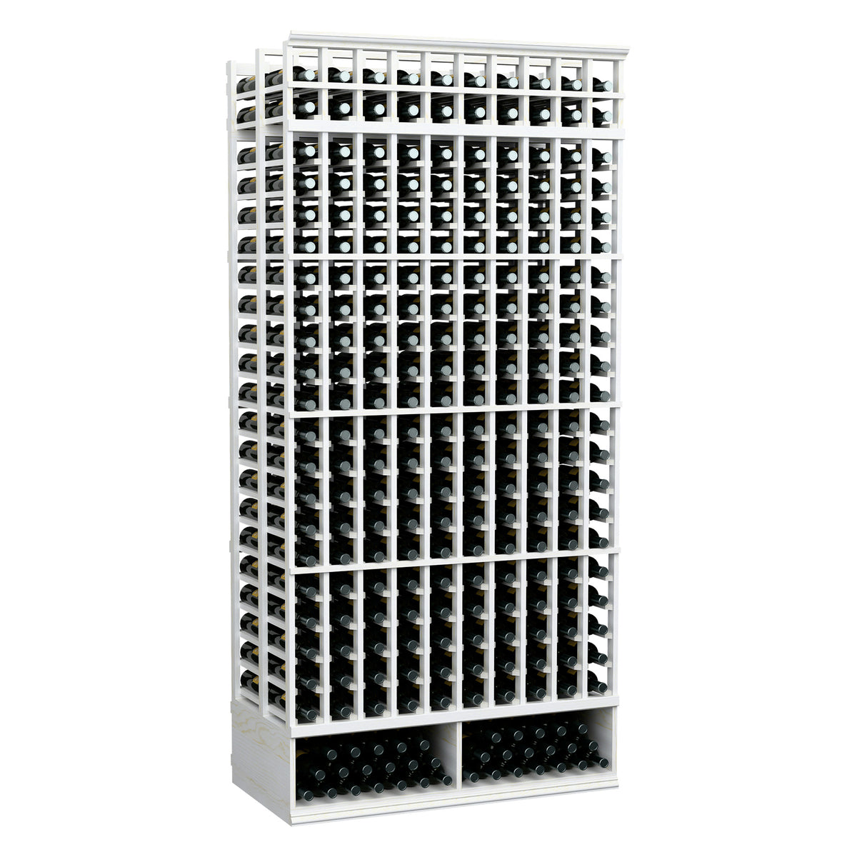 10-column double-deep wine rack with white frame and dark bottle compartment backing