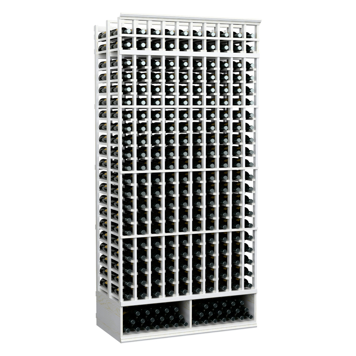 10-column double-deep wine rack front view with white frame and dark interior slots