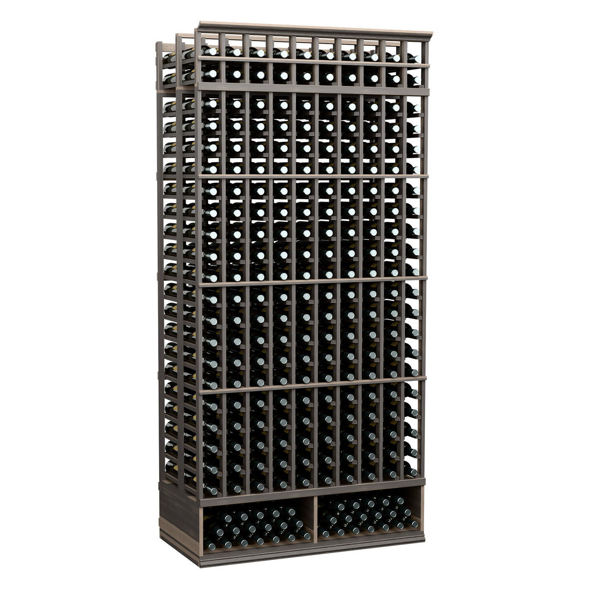 Black 10-column double-deep wine bottle rack with wire grid and front row holders