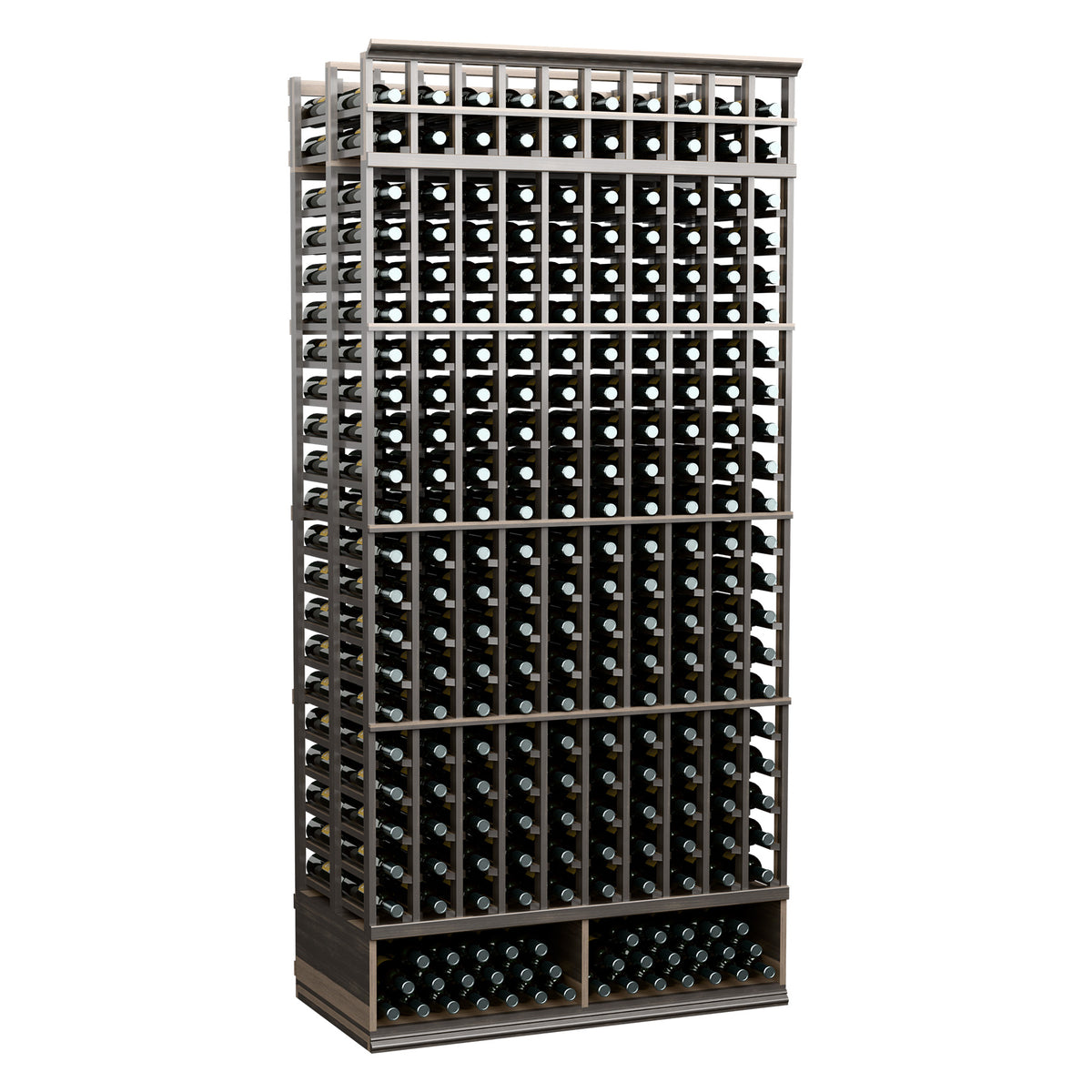 Black 10-column double-deep wine bottle rack, front panel with two bottle rows