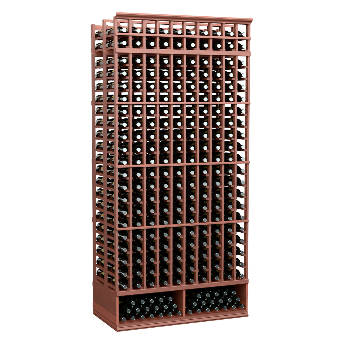 Red-brown 10-column double-deep wine bottle rack with wooden frame and wire grid