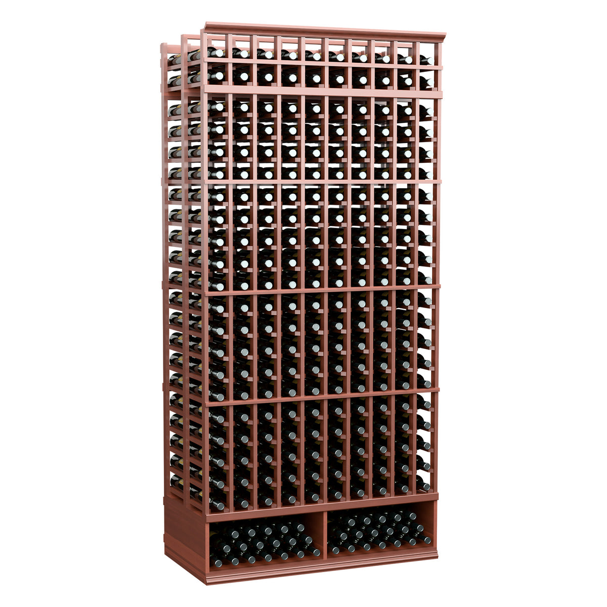 Red-brown 10-column double-deep wine bottle rack, side support beams visible