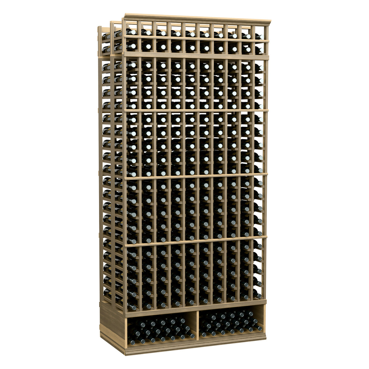 Light tan 10-column double-deep wine bottle rack with pale frame and bottle slots