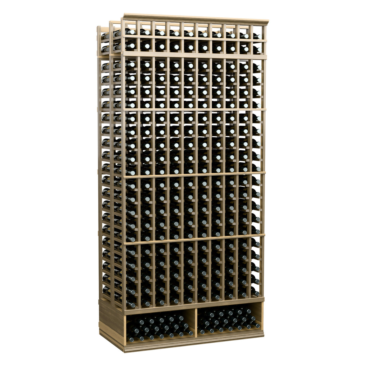 Light tan 10-column double-deep wine bottle rack, front corner posts and grid