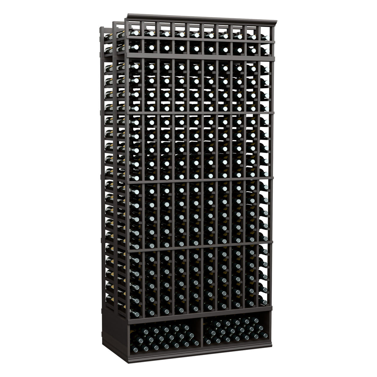 Dark charcoal 10-column double-deep wine bottle rack with black frame and bottle holes