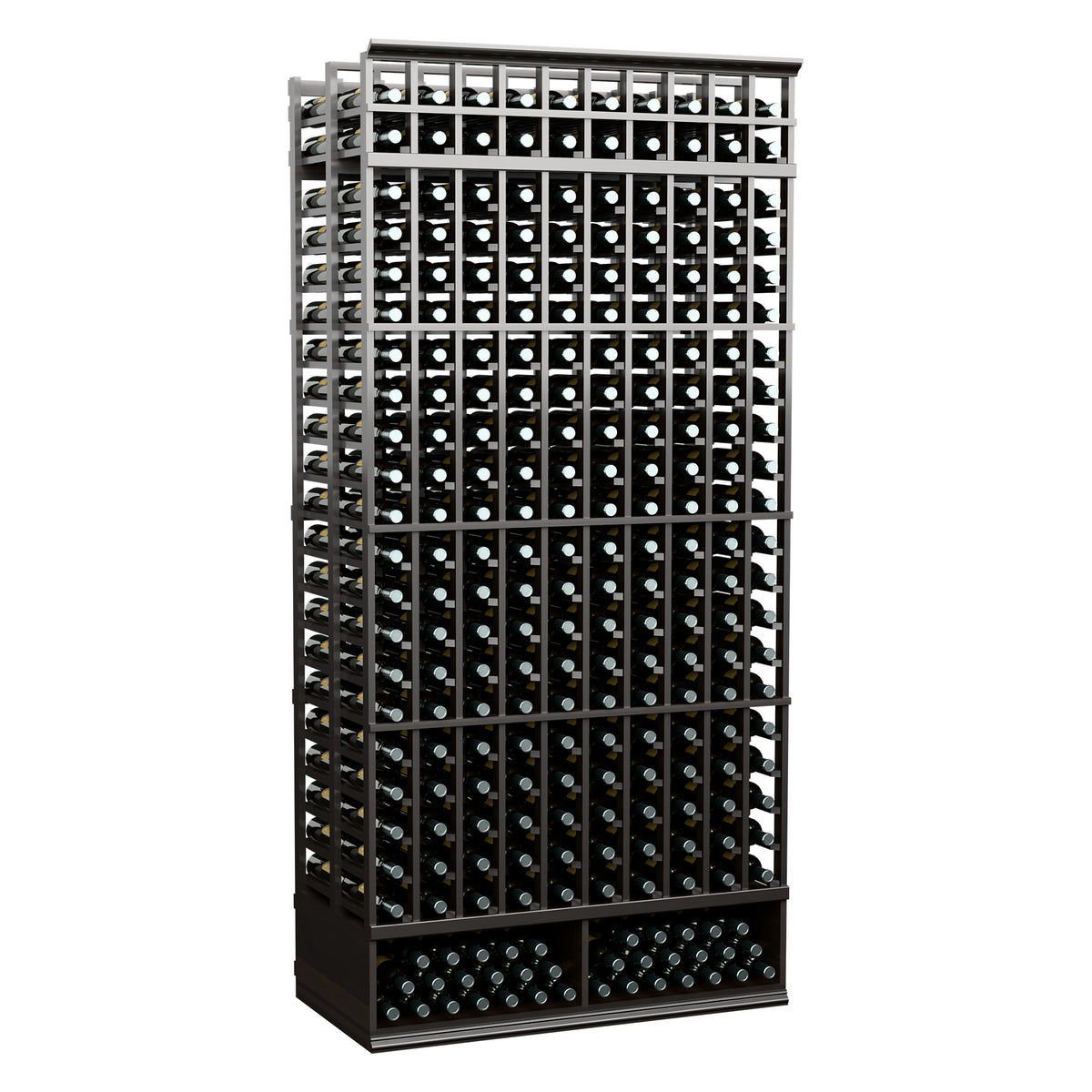 Dark charcoal 10-column double-deep wine bottle rack, front base and wire grid