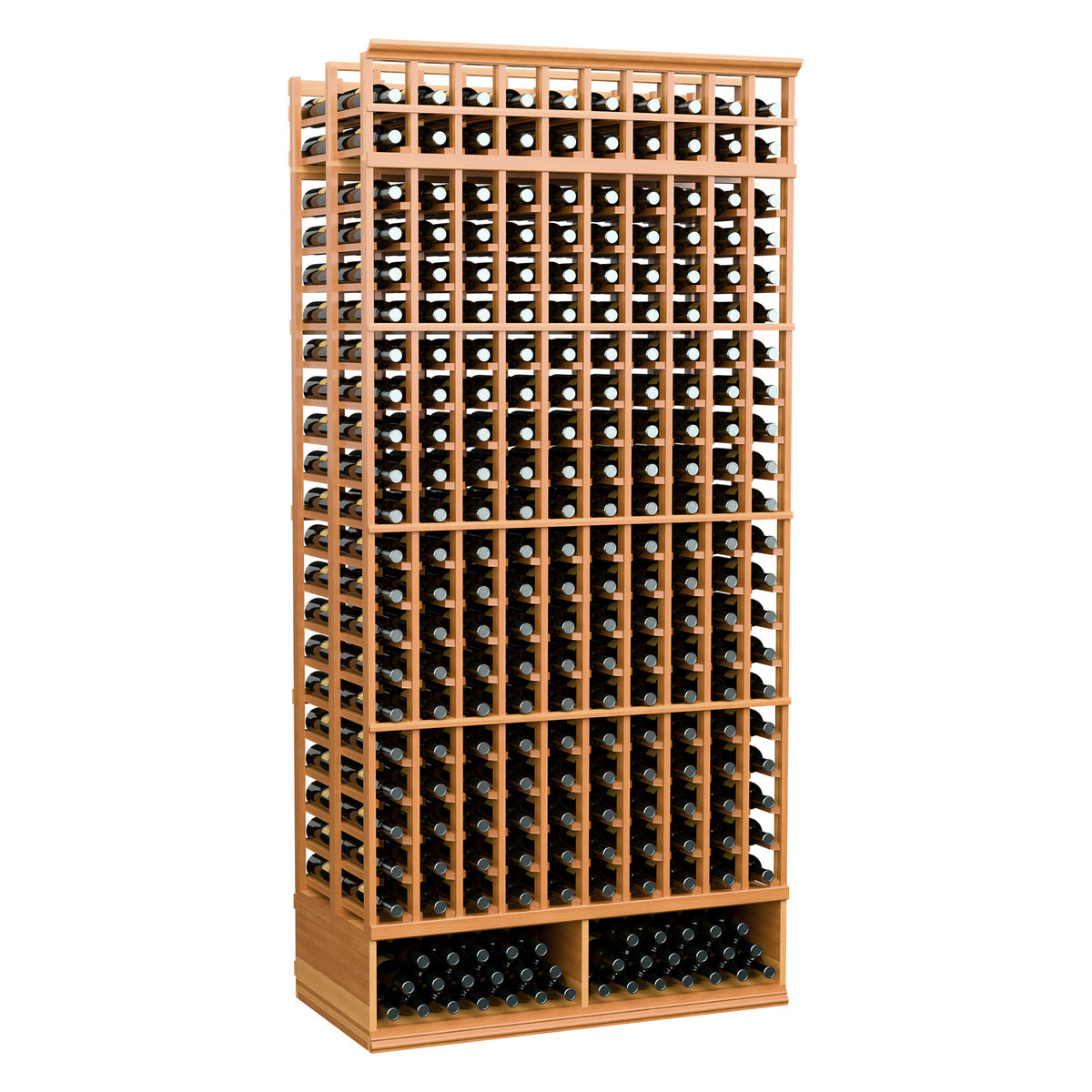 Wine bottle storage rack, golden wood frame with double-deep bottle slots