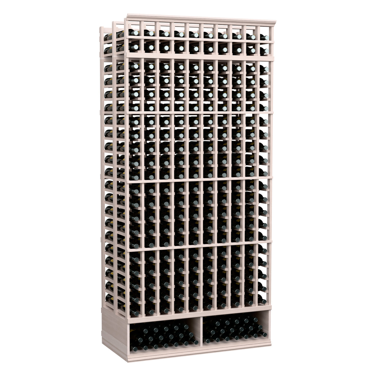Wine bottle storage rack, light wood frame with double-deep bottle slots