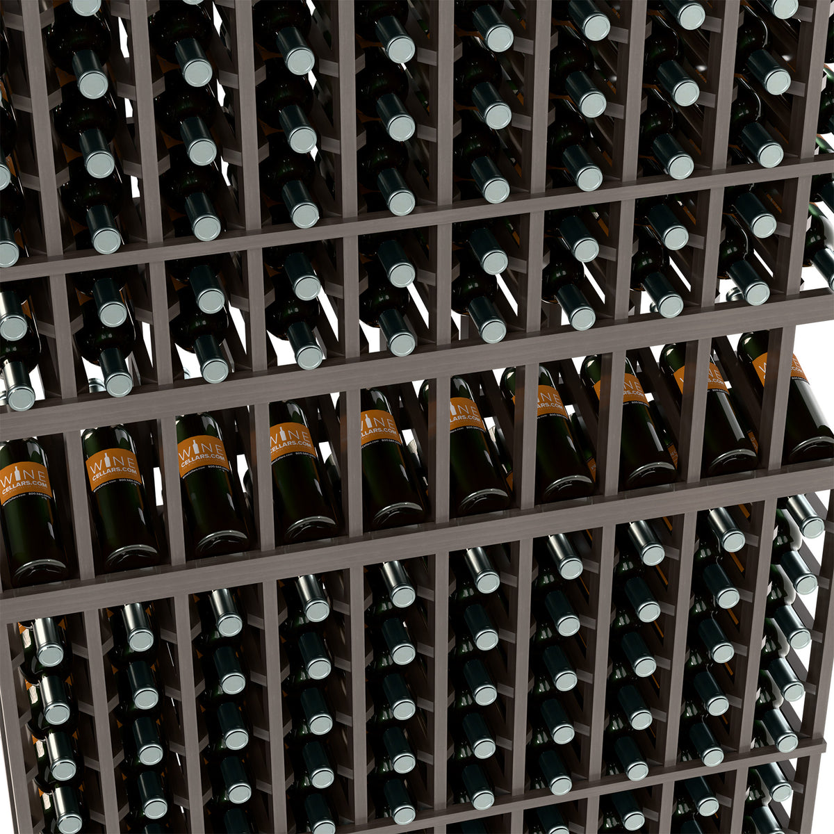 Black wine bottle display rack close-up showing bottle rows and openings