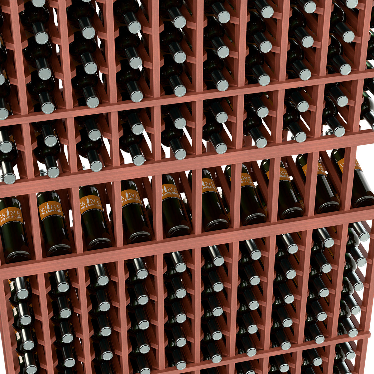 Red wine bottle display rack close-up with bottle neck openings