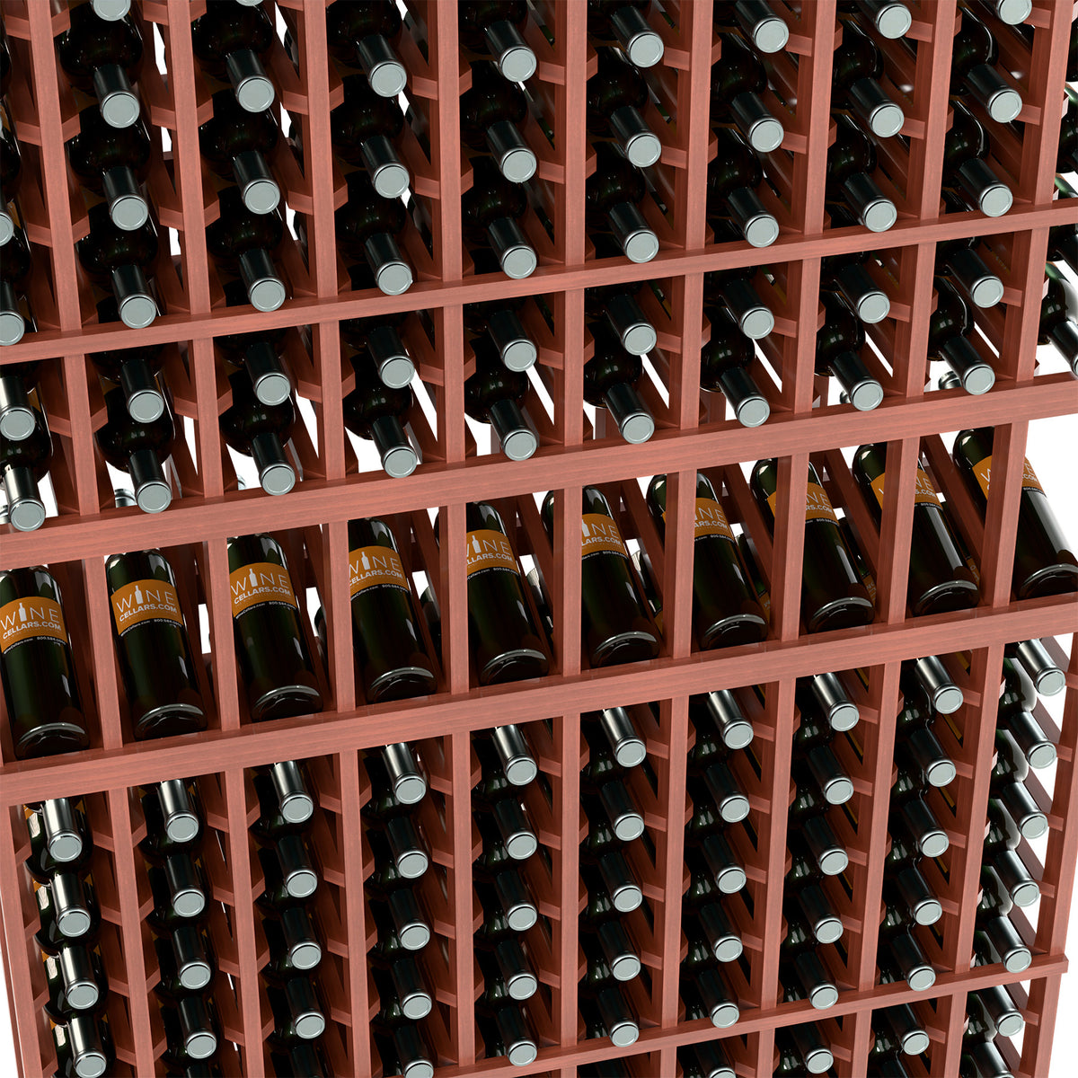 Red wine bottle display rack close-up showing bottle rows and openings