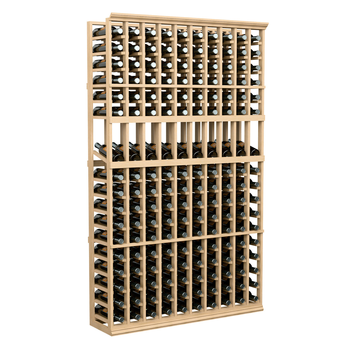 Light wood wine bottle display rack with grid cubbies for multiple bottles