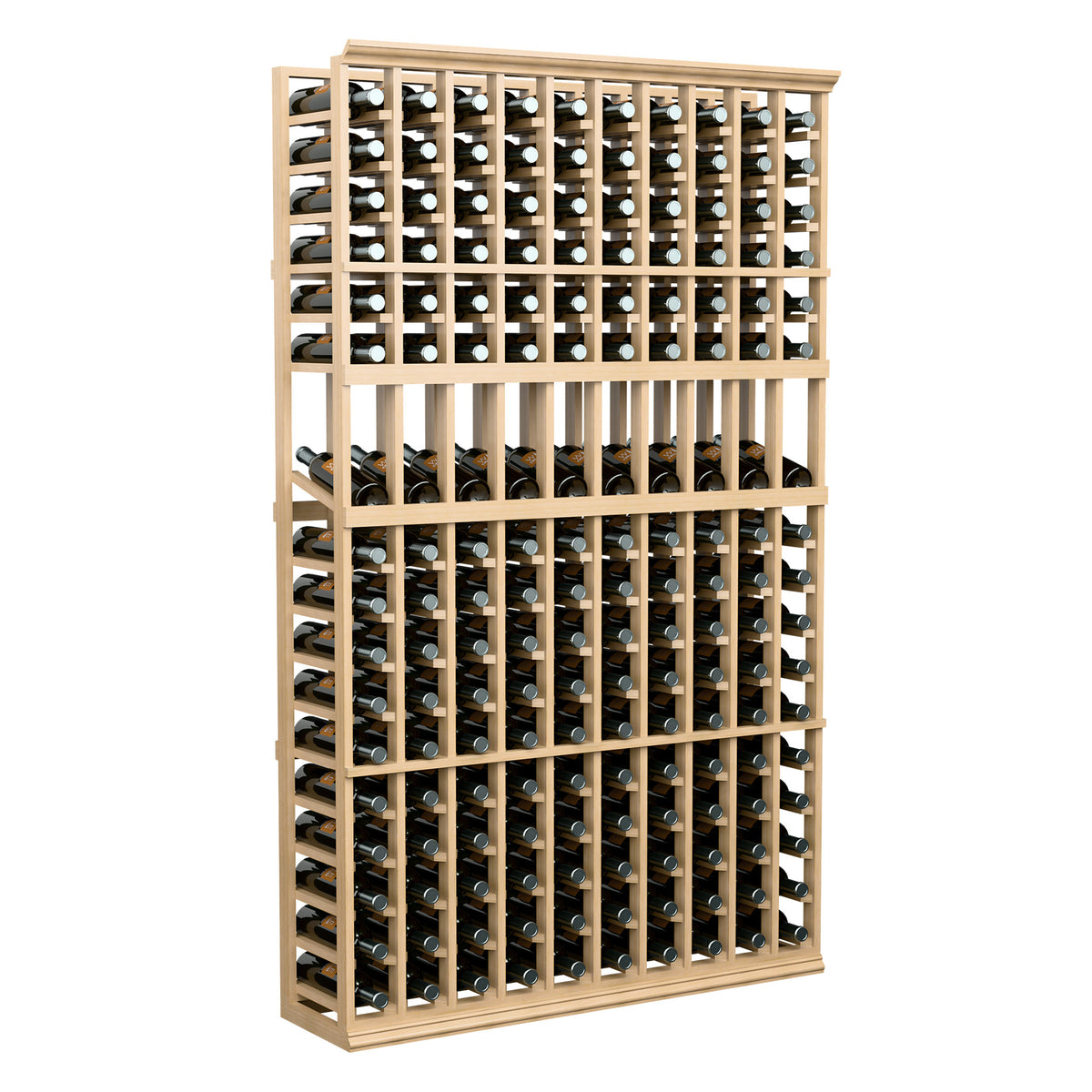 Wine bottle display rack with light wood frame and vertical bottle slots, front view
