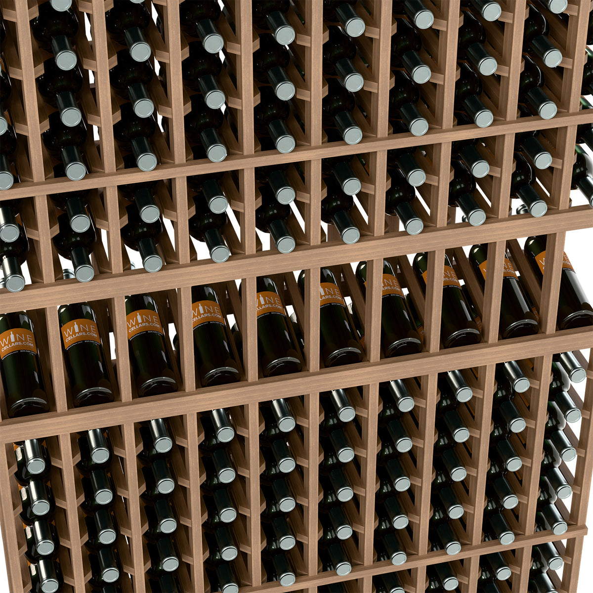 Wine bottle display rack close-up: light wood dividers holding dark wine bottles