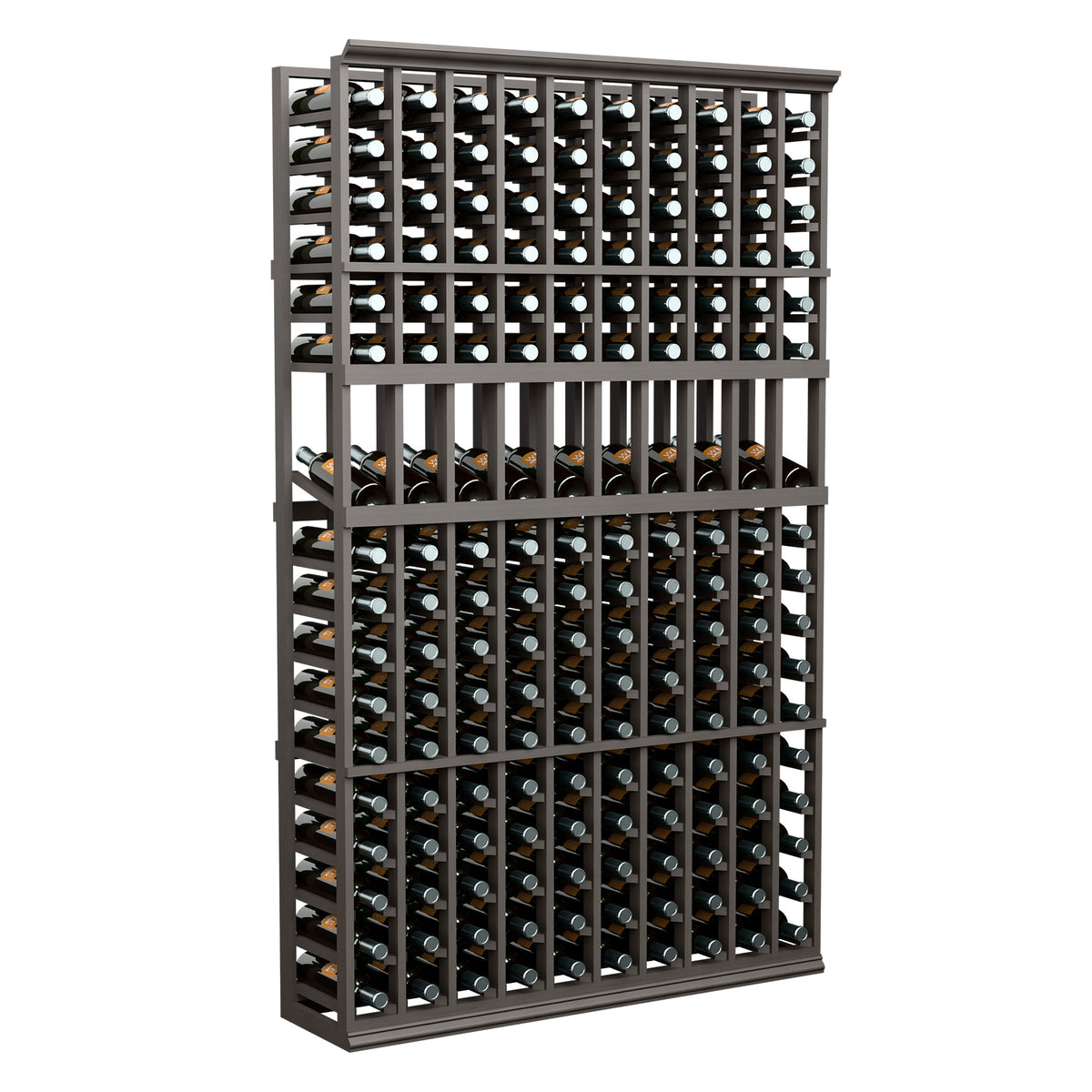 Wine bottle display rack with dark frame and vertical bottle slots, full front view
