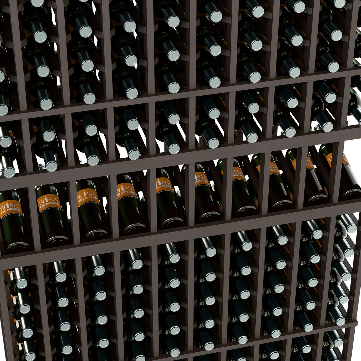 Wine bottle display rack close-up: dark wood dividers holding wine bottles