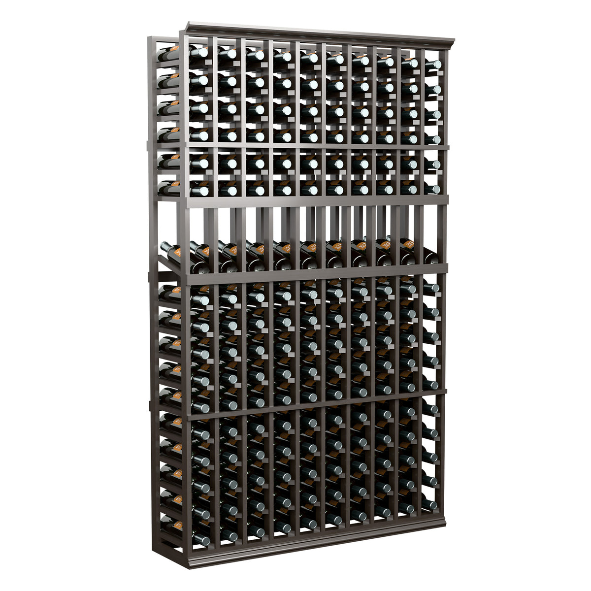 Wine bottle display rack with dark frame and vertical bottle slots, angled front view