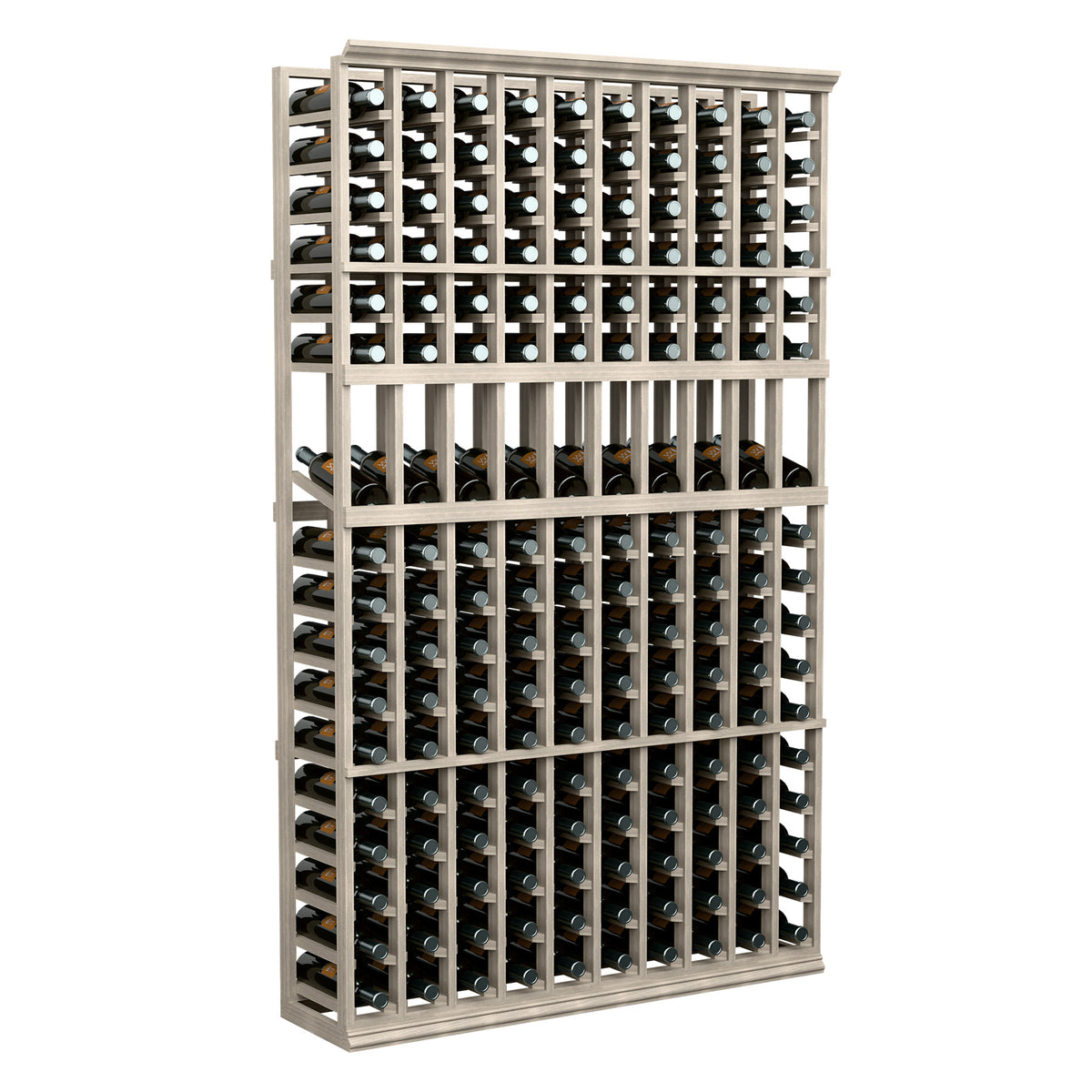 10-column wine bottle display rack, stacked rows with dark bottles and light wood frame